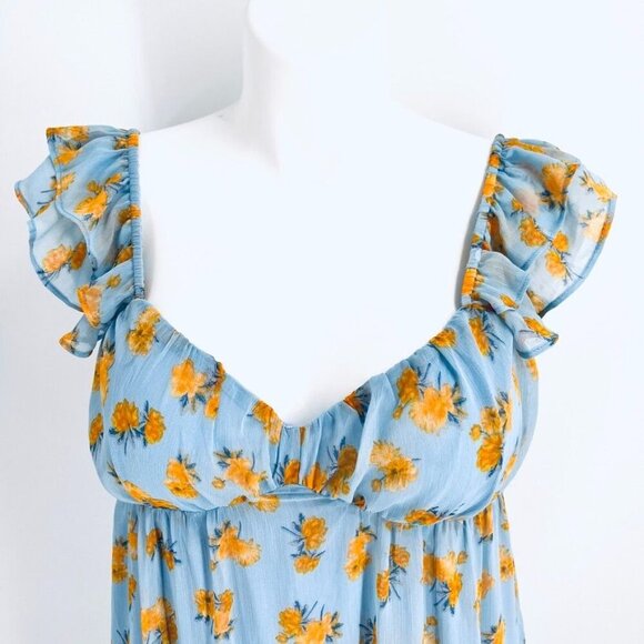 Lush Blue Yellow Floral Midi Dress Size Medium Flutter Sleeve Floral Tie Back - Picture 2 of 13
